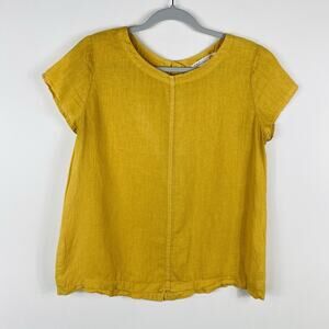 C&C California Size XS 100% Linen Short Sleeve Button Back Top Yellow
